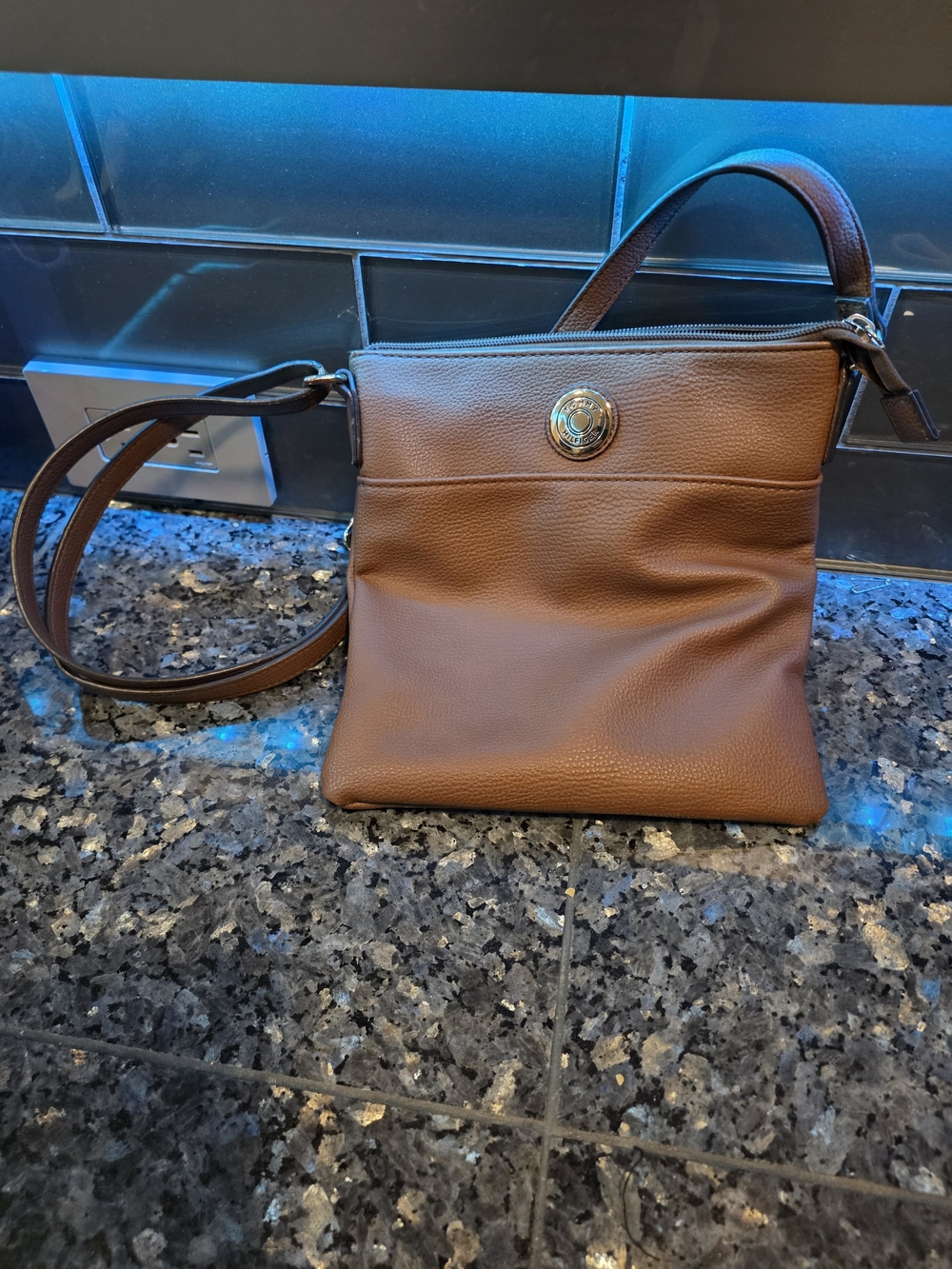 Tommy Hilfiger Brown Pebbled Faux Leather Crossbody Bag Purse Medallion